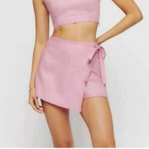 Reformation Pink Linen Wrap Skort